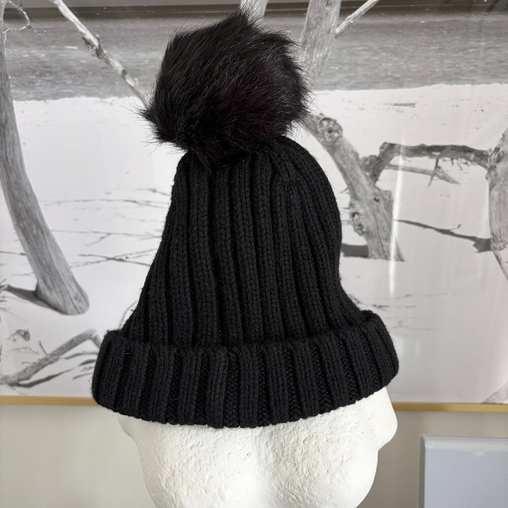 J.Crew Ribbed Beanie with Faux-Fur Pom-Pom — Black Knit Winter Hat, One Size